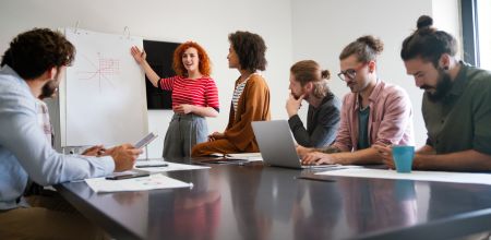 bbw-Unternehmensversprechen EIne Gruppe aus Männern und Frauen arbeiten mit Laptops an einem Tisch. Eine Frau steht an einem White-Board und zeigt den anderen einen gezeichneten Grafen.