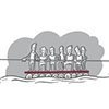 Auf dem Sketchnote-Element ist ein Team aus sieben Personen zu sehen. Die Personen stehen auf einem Brett mit vielen Rollen und halten sich an einem Seil fest.