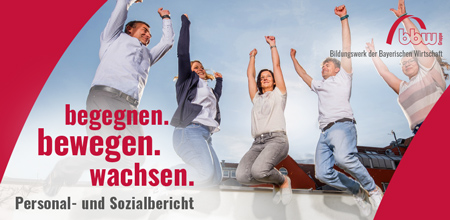 Mehrere Erwachsene springen jubelnd in die Luft. Der Claim lautet: begegnen. bewegen. wachsen.