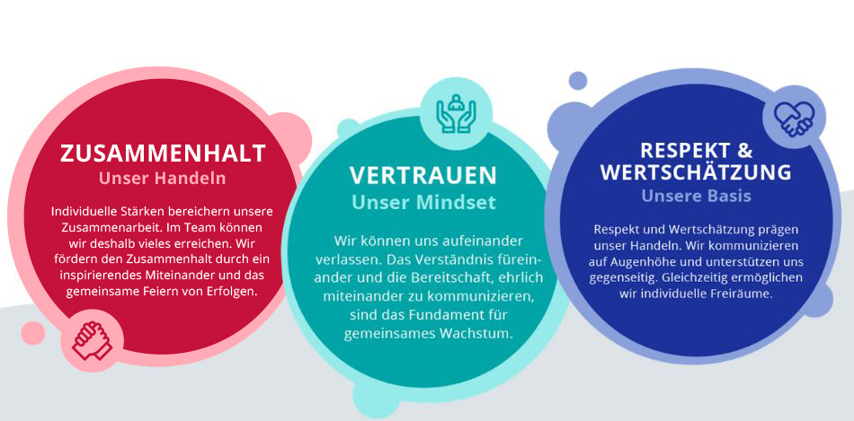 Drei farbige Kreise mit einem Text: Der erste Kreis ist rot und zeigt ein Logo mit sich ineinandergreifenden Hände. Der zweite Kreis "Vertrauen" ist türkis, mit einem Logo  zweier Hände die eine Person schützen. Der letzte Kreis ist blau. Das Logo hierzu zeigt ein Herz aus Händen. 